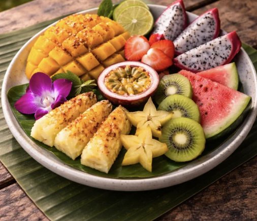 Plato de fruta tropical con mango, piña asada, pitaya, maracuyá, carambola, kiwi y sandía