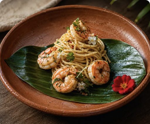 Spaghetti con camarones jumbo sobre hoja de plátano