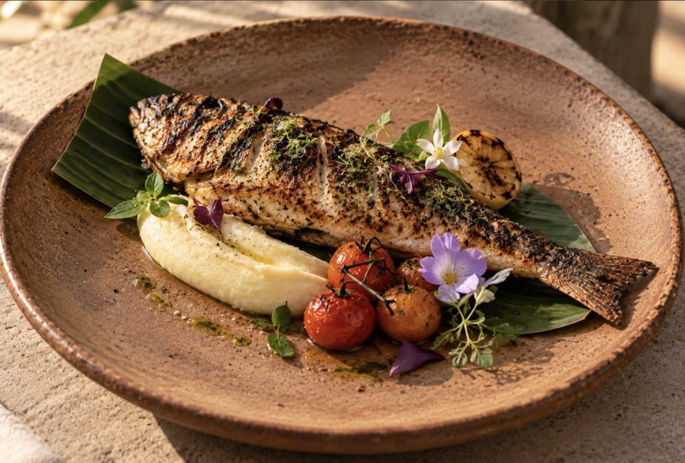 Pescado entero a la parrilla sobre hoja de plátano con puré y tomates asados