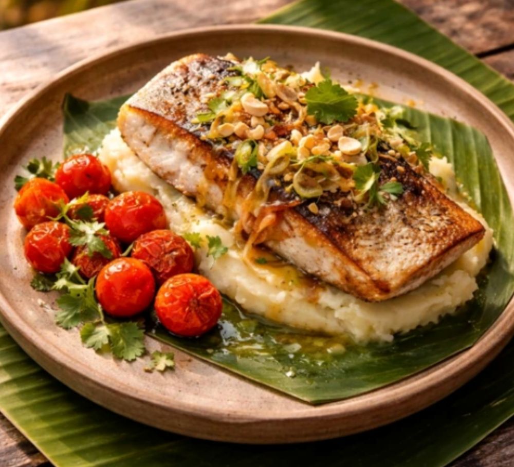 Róbalo con salsa de limón, jengibre y cacahuate